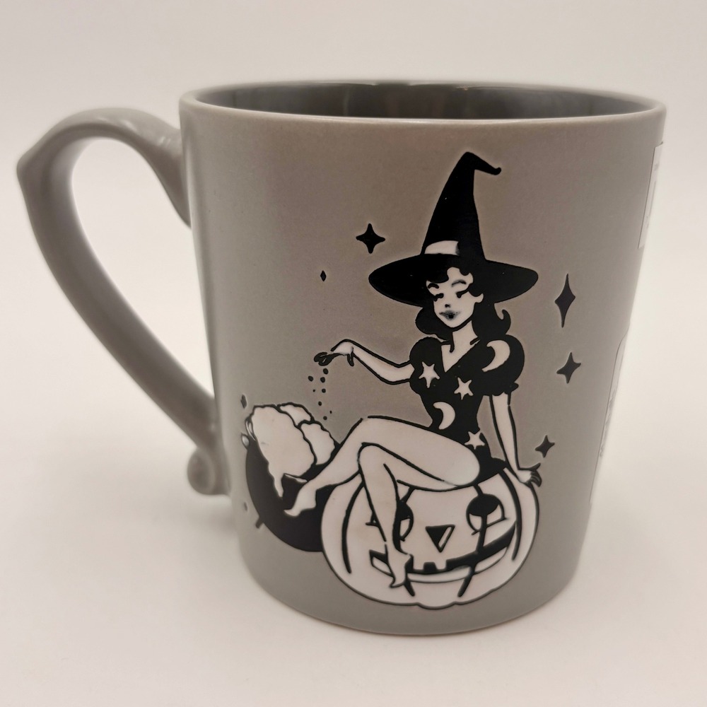 Ooh Lala Vintage Witch Holiday 18oz Mug Grey Handpainted Halloween Pumpkin